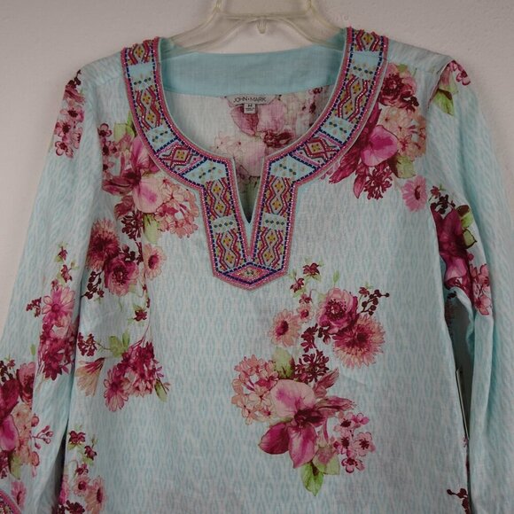 John Mark Embroidered & Beaded Tunic Top Women's Size M Blue Floral - Picture 2 of 10
